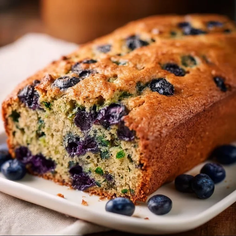 A slice of juicy blueberry zucchini bread with fresh blueberries and zucchini.