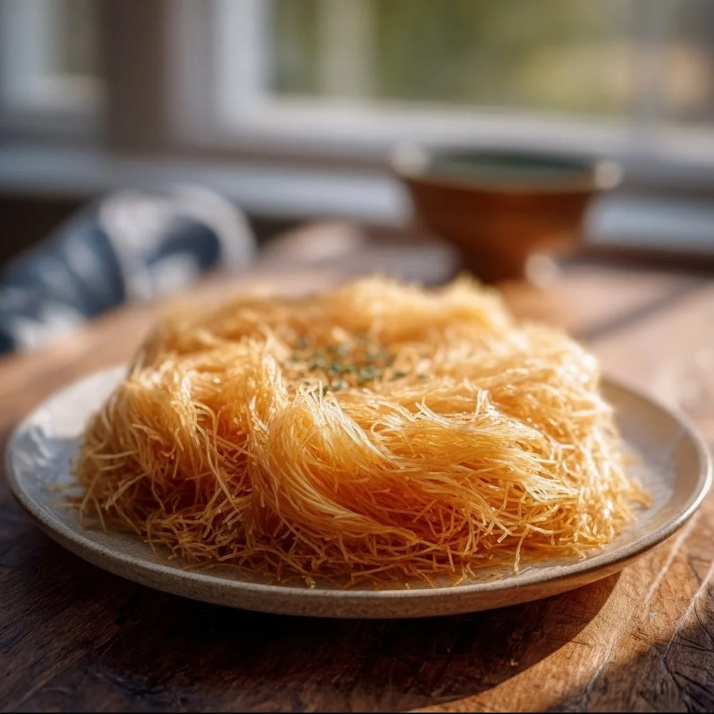 A delicious serving of Kataifi pastry topped with syrup and nuts.