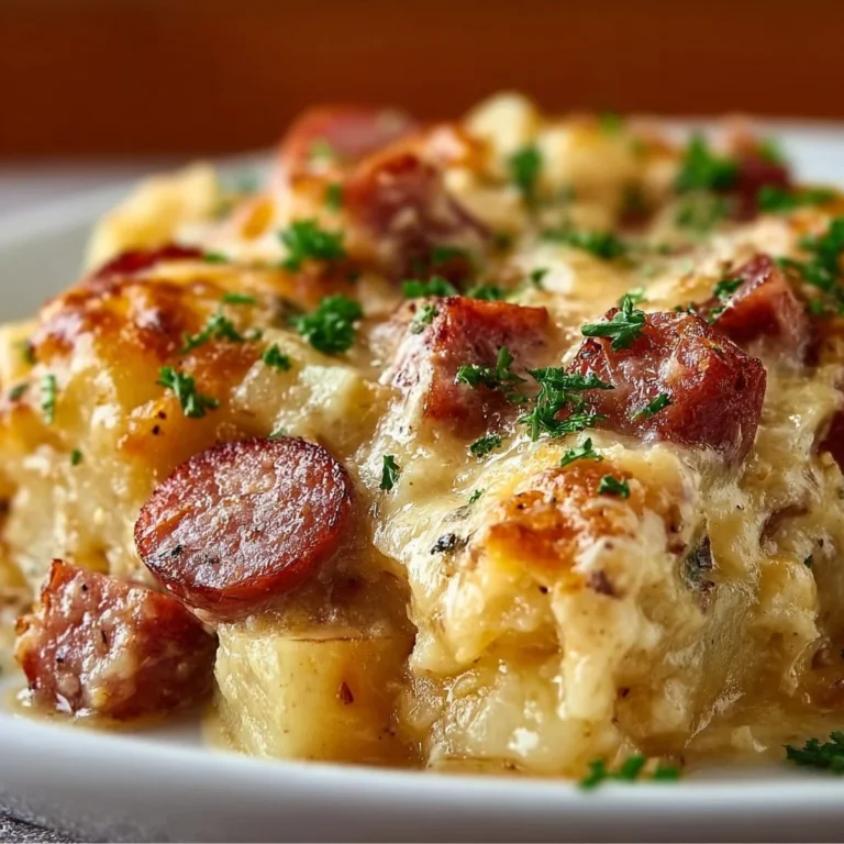 Cheesy potato kielbasa casserole baked to perfection