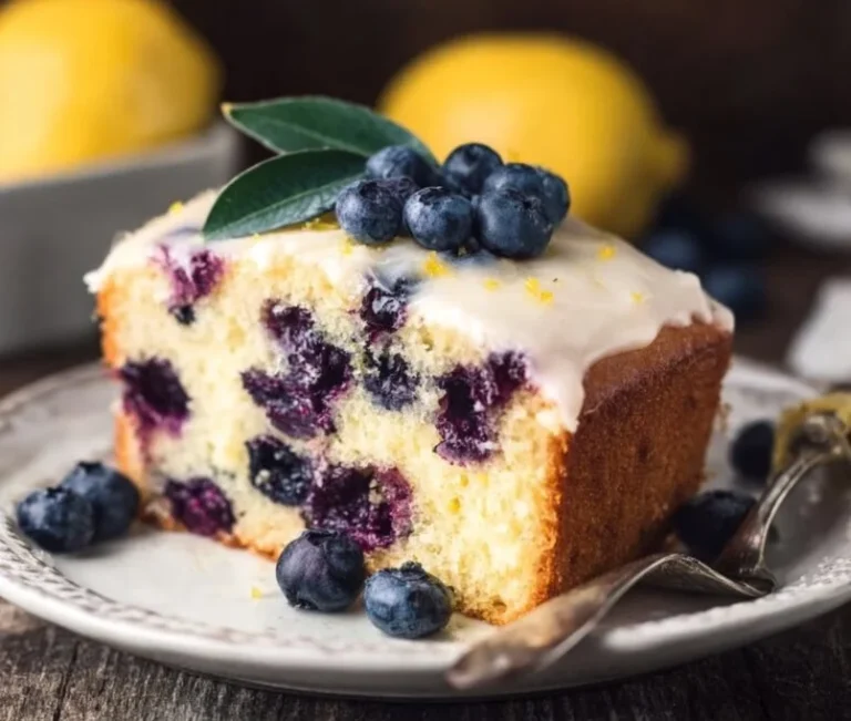 A slice of lemon blueberry cake topped with fresh blueberries and lemon zest.