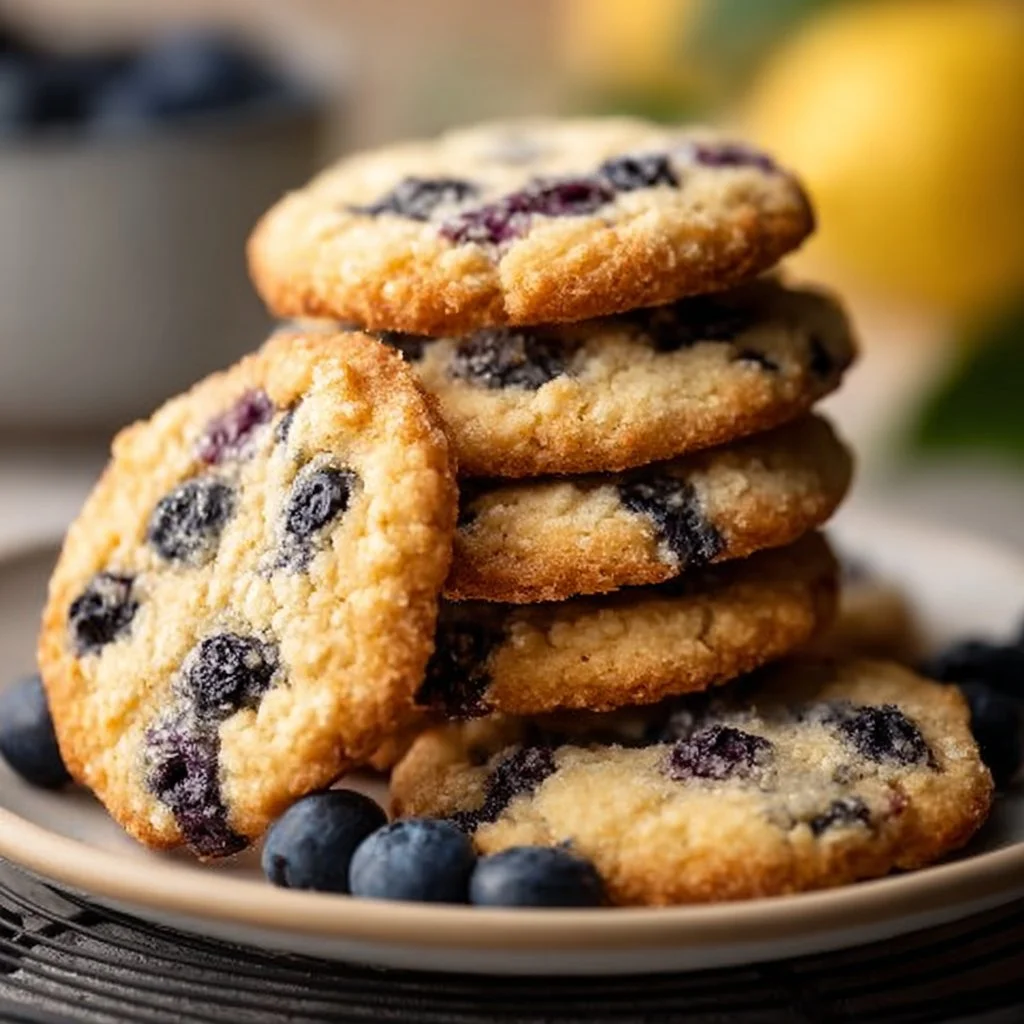 Delicious lemon blueberry cookies on a plate with fresh lemon and blueberries