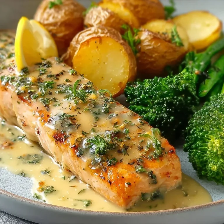 Lemon Butter Salmon served with crispy potatoes and broccoli on a plate