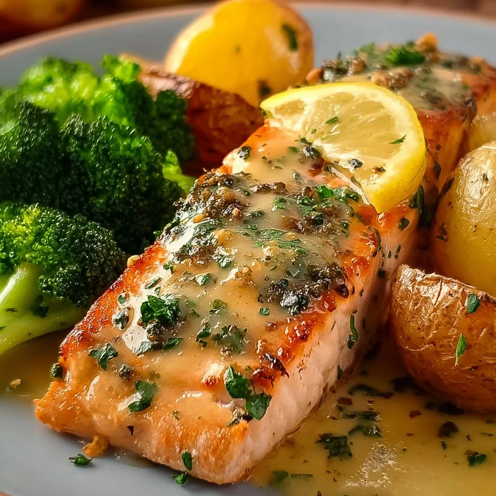Lemon Butter Salmon with Crispy Potatoes and Broccoli