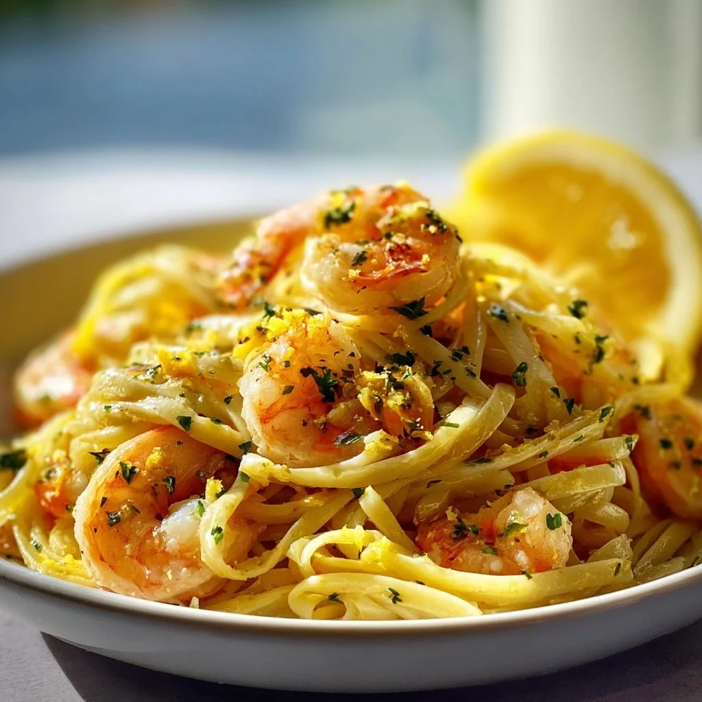 Delicious Lemon Butter Shrimp Pasta served with herbs and lemon slices.