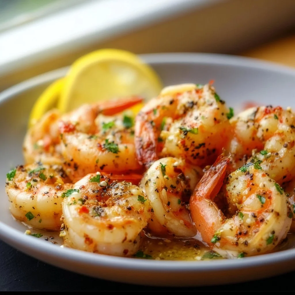 Delicious Lemon Garlic Shrimp served on a plate with herbs and lemon slices.
