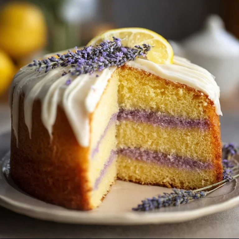 Slice of Lemon Lavender Cake with icing and lavender garnish on a white plate