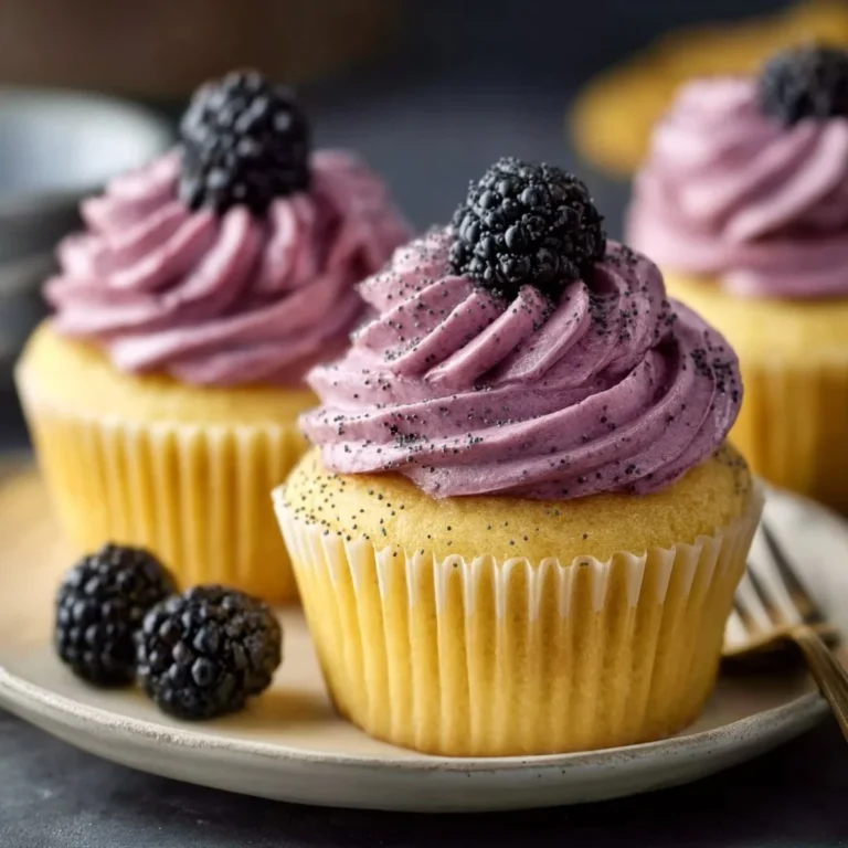 Lemon poppy seed cupcakes with blackberry frosting on a white plate