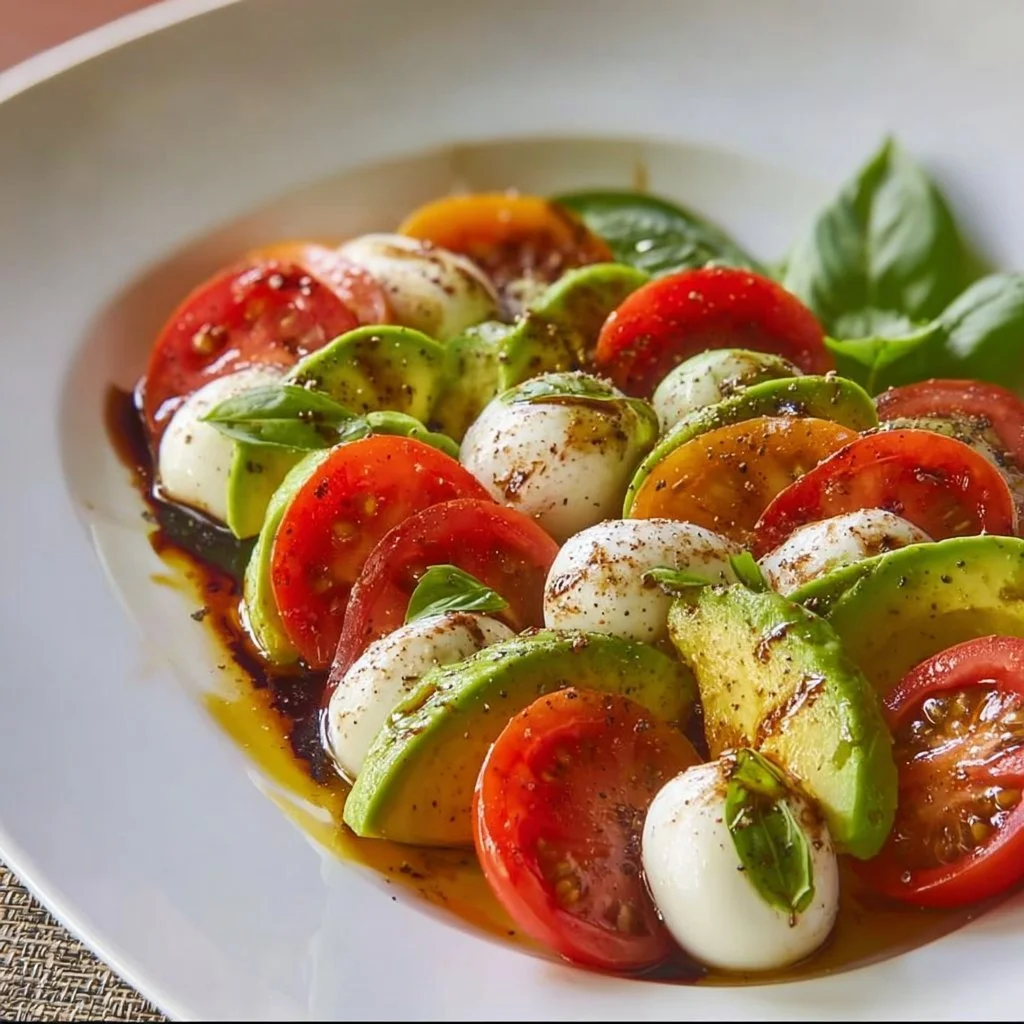 Light avocado caprese salad with fresh tomatoes and mozzarella
