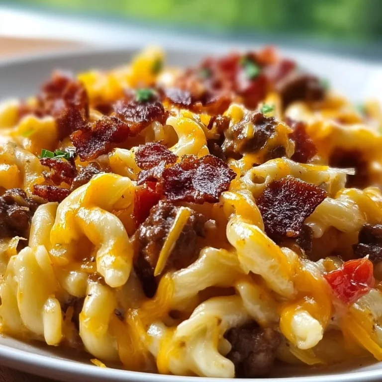 Delicious loaded bacon cheeseburger pasta served in a bowl.