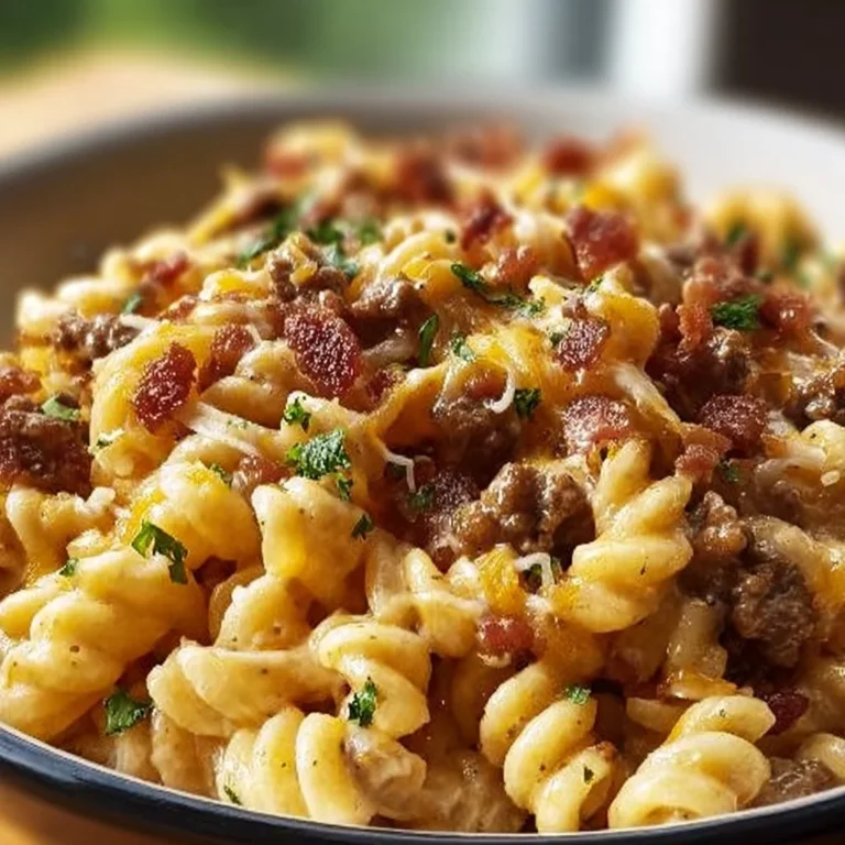 Bacon Cheeseburger Pasta topped with cheese and crispy bacon