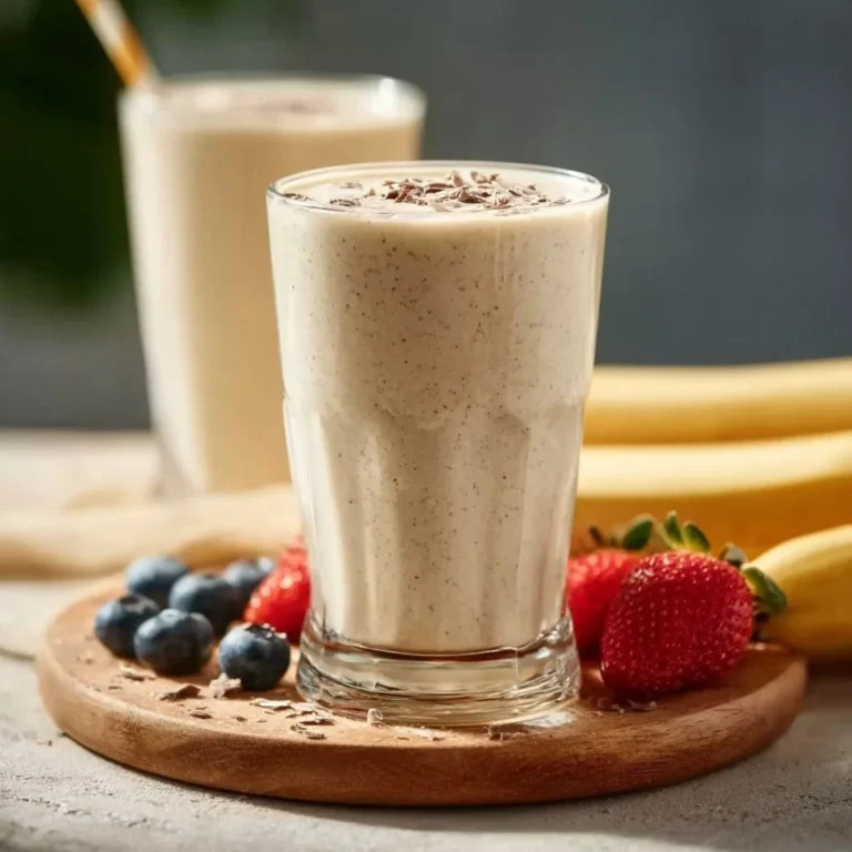 Low calorie vanilla protein shake with ingredients on a counter.