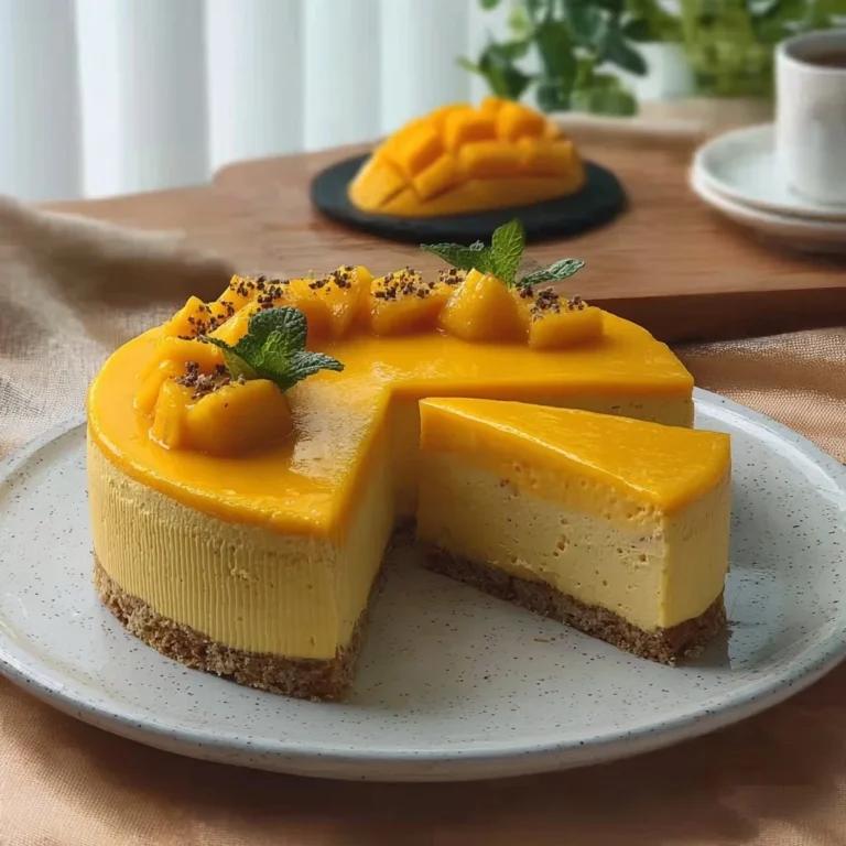 Delicious Mango Mousse Cake topped with fresh mango slices
