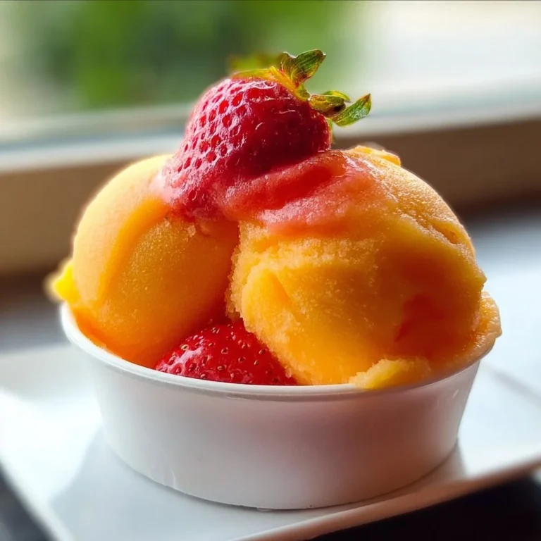 Bowl of homemade Mango Strawberry Sorbet with fresh fruit toppings