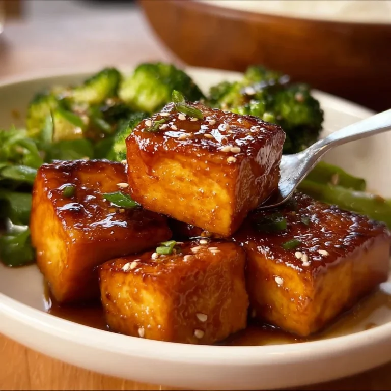Maple Glazed Tofu drizzled with sweet sauce and garnished with herbs