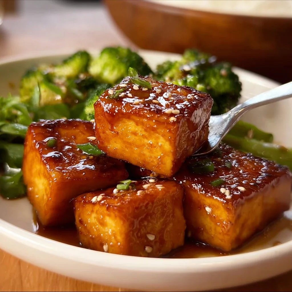 Maple Glazed Tofu drizzled with sweet sauce and garnished with herbs
