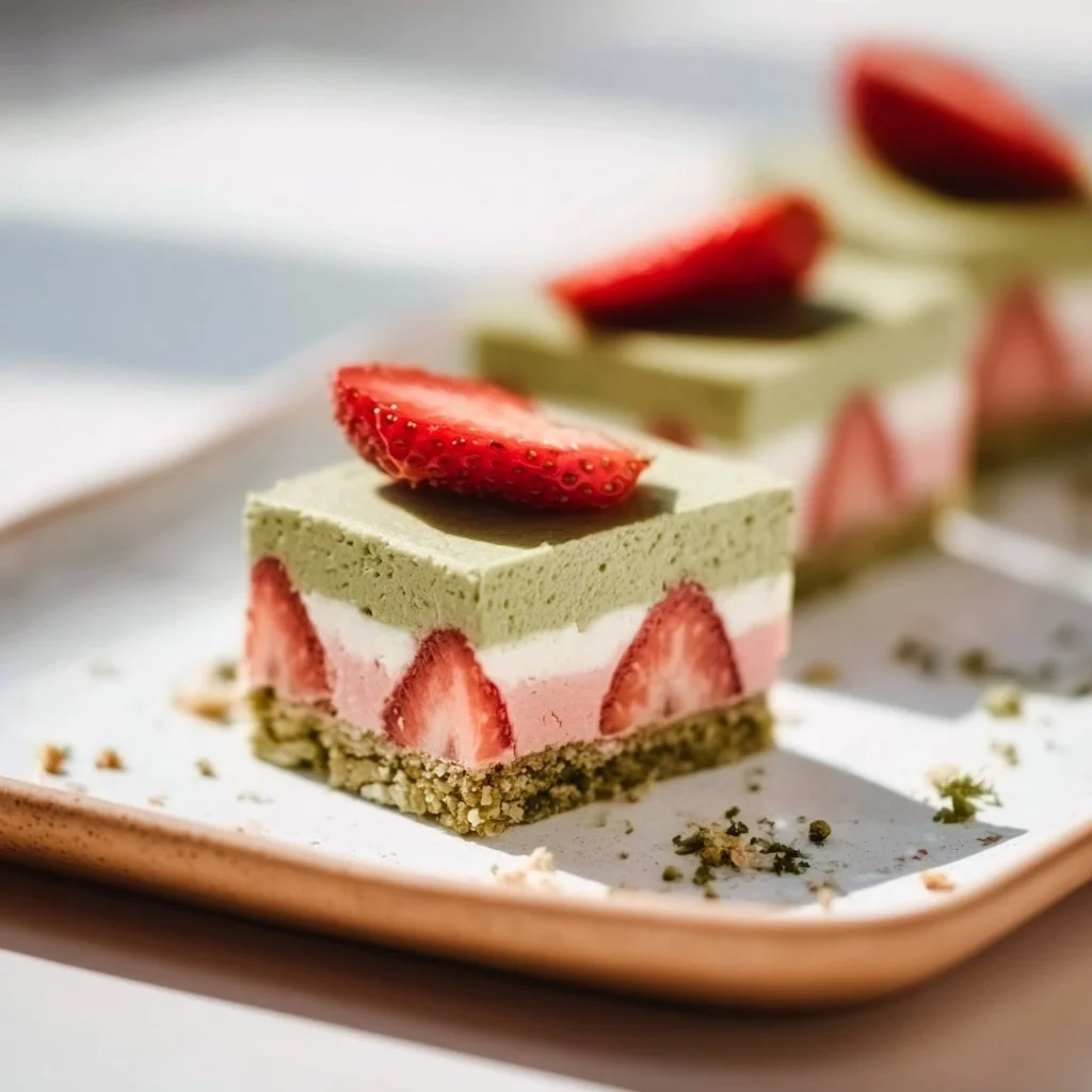 Delicious Matcha Strawberry Cream Bars topped with fresh strawberries