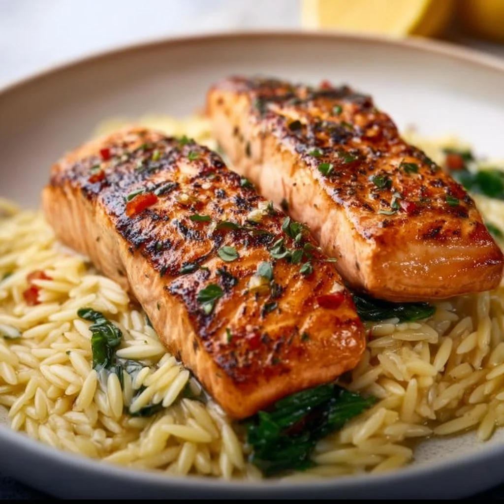Plate of Mediterranean Salmon served with lemon orzo and fresh herbs