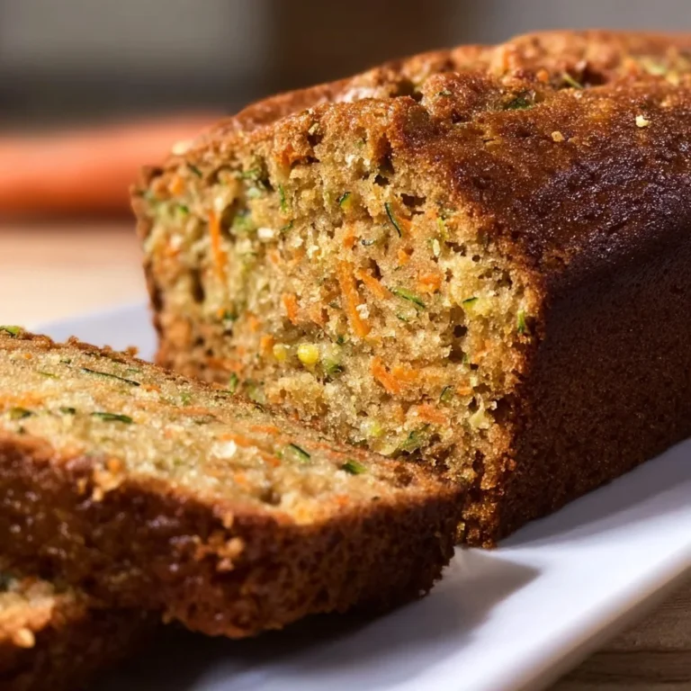 Moist carrot apple zucchini bread slice on a wooden cutting board