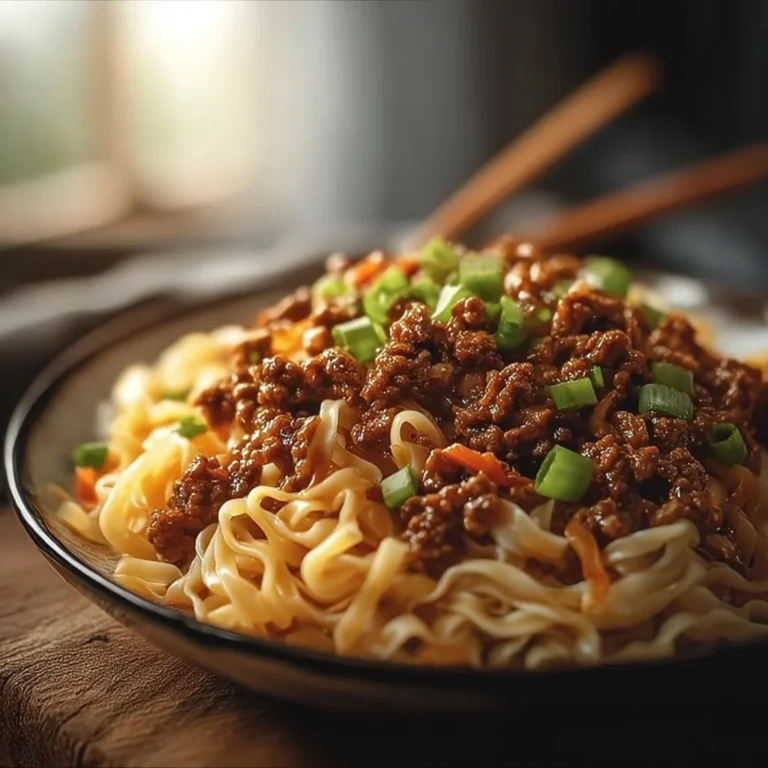 Delicious bowl of Mongolian ground beef noodles garnished with green onions.