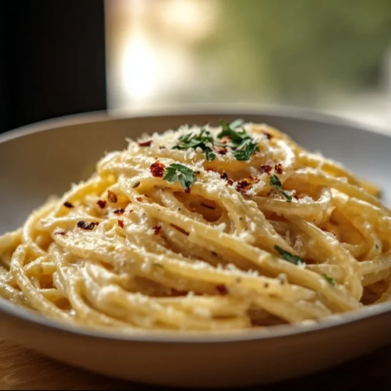 Bowl of one pot creamy garlic pasta garnished with parsley