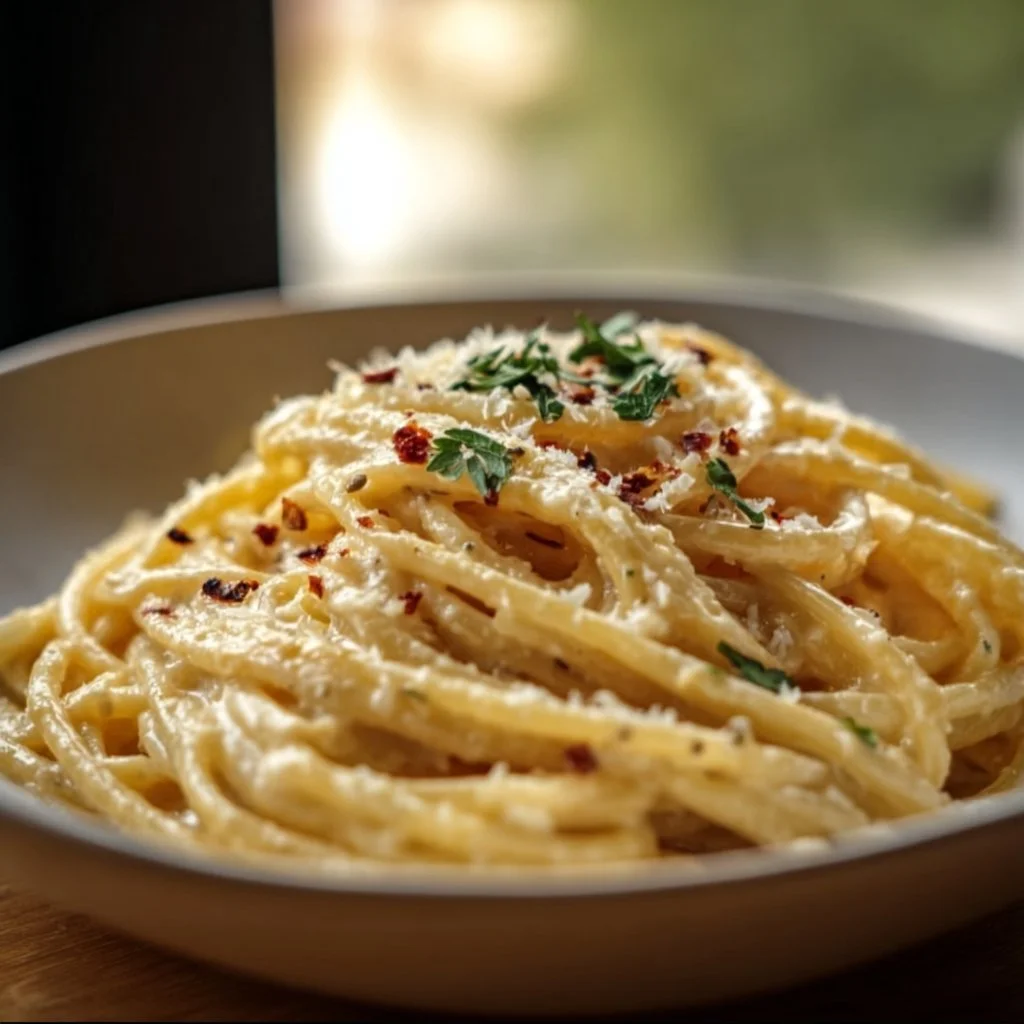 Bowl of one pot creamy garlic pasta garnished with parsley