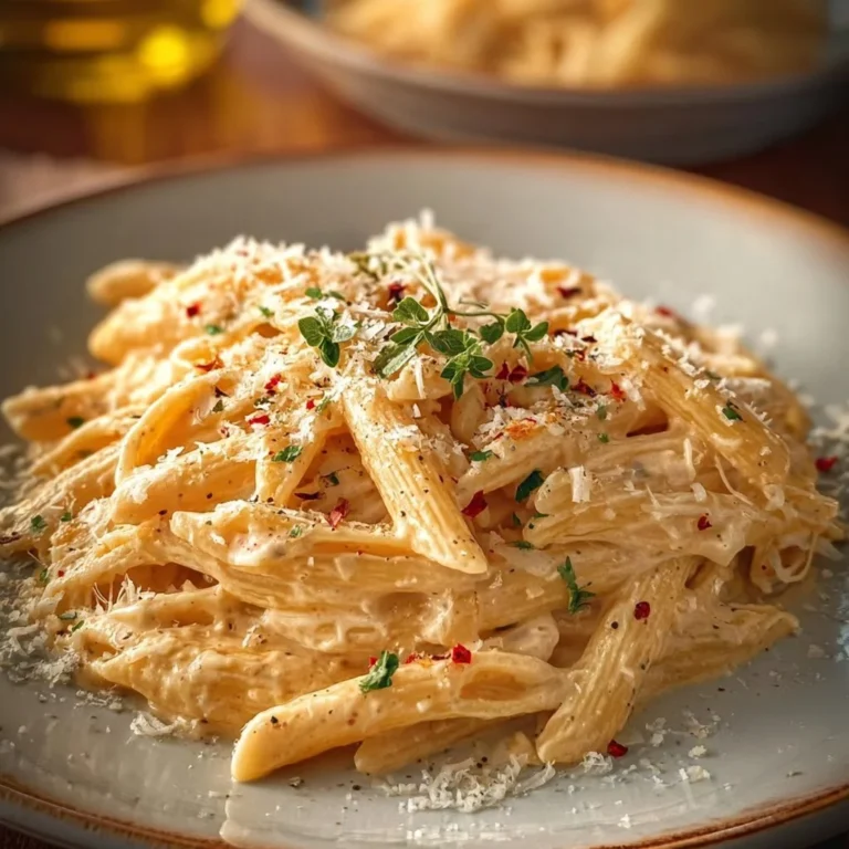 One pot creamy garlic pasta dish with fresh herbs and parmesan cheese.