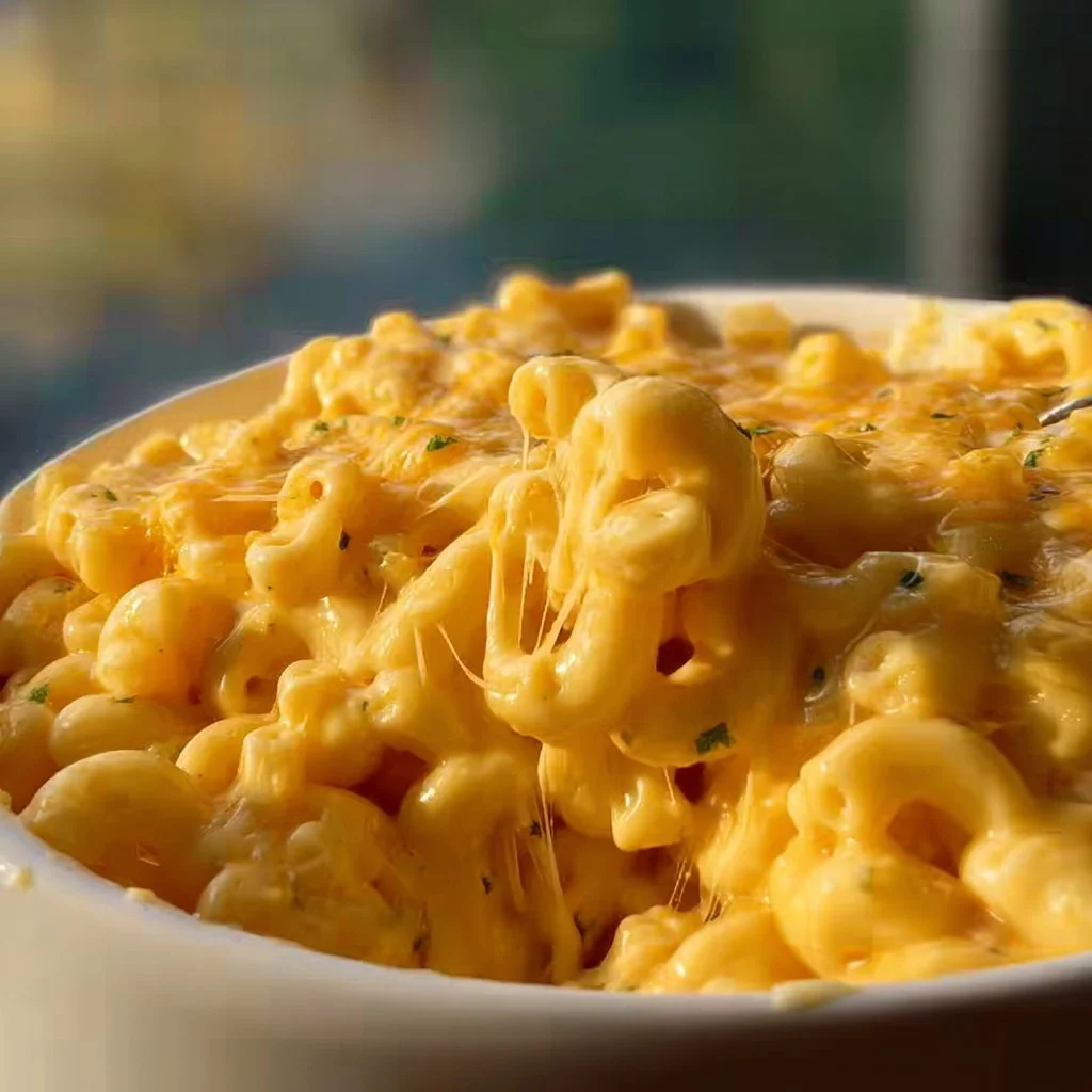 One pot creamy mac and cheese served in a bowl with melted cheese on top.