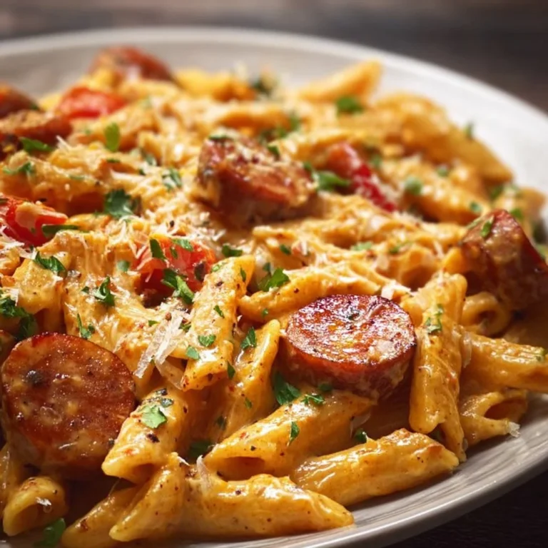 Bowl of creamy spicy Cajun sausage pasta in a one-pot recipe