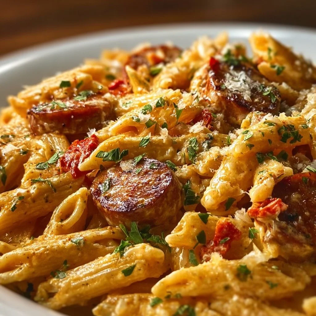 One-pot creamy spicy Cajun sausage pasta served in a bowl