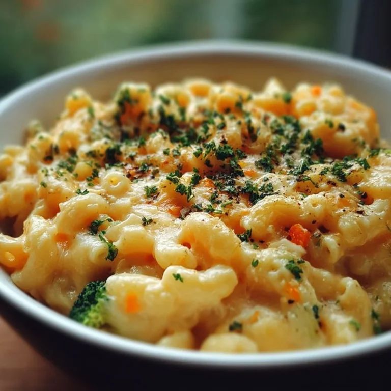 One pot veggie mac and cheese served in a bowl with fresh vegetables