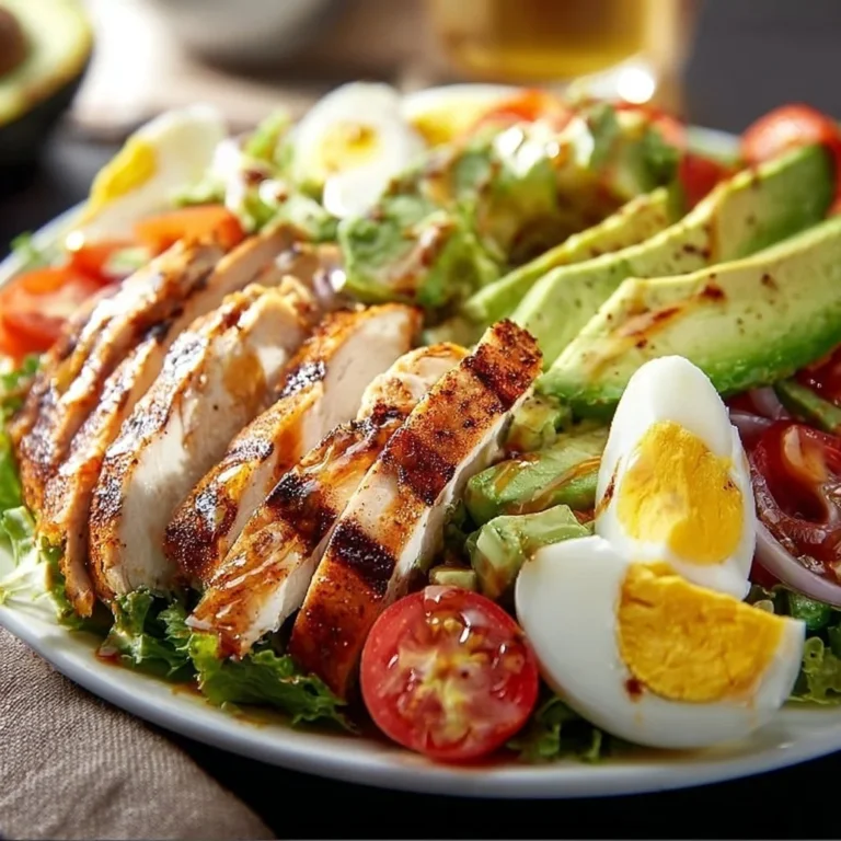 Paleo grilled chicken Cobb salad with honey Dijon dressing on a plate