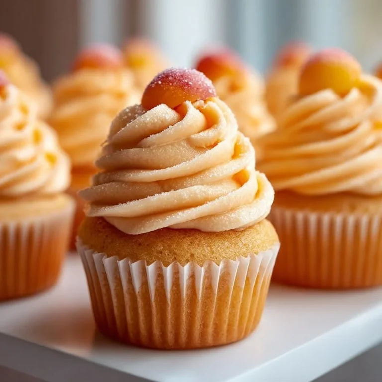 Delicious Peach Bellini cupcakes topped with peach slices and sparkling frosting.