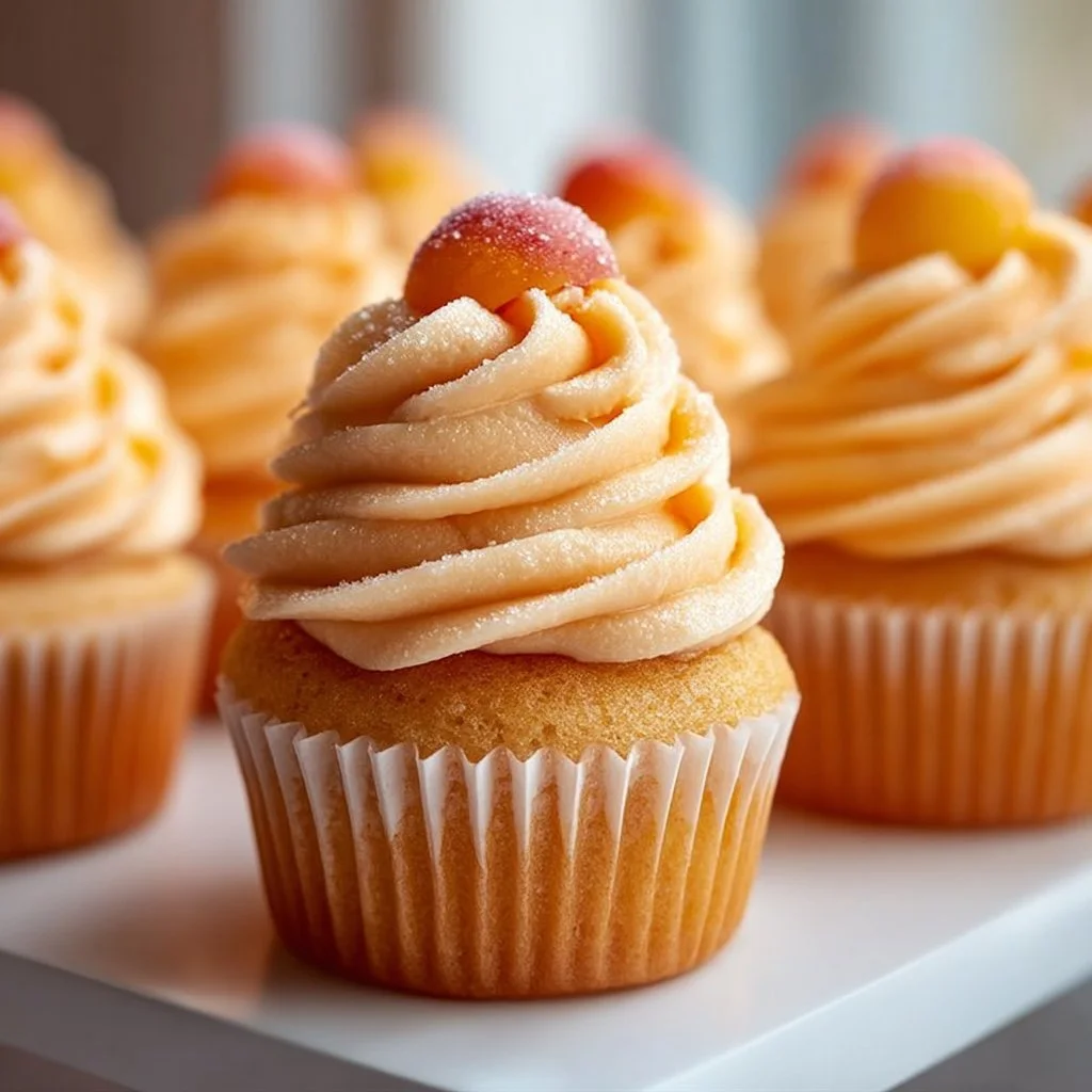 Delicious Peach Bellini cupcakes topped with peach slices and sparkling frosting.