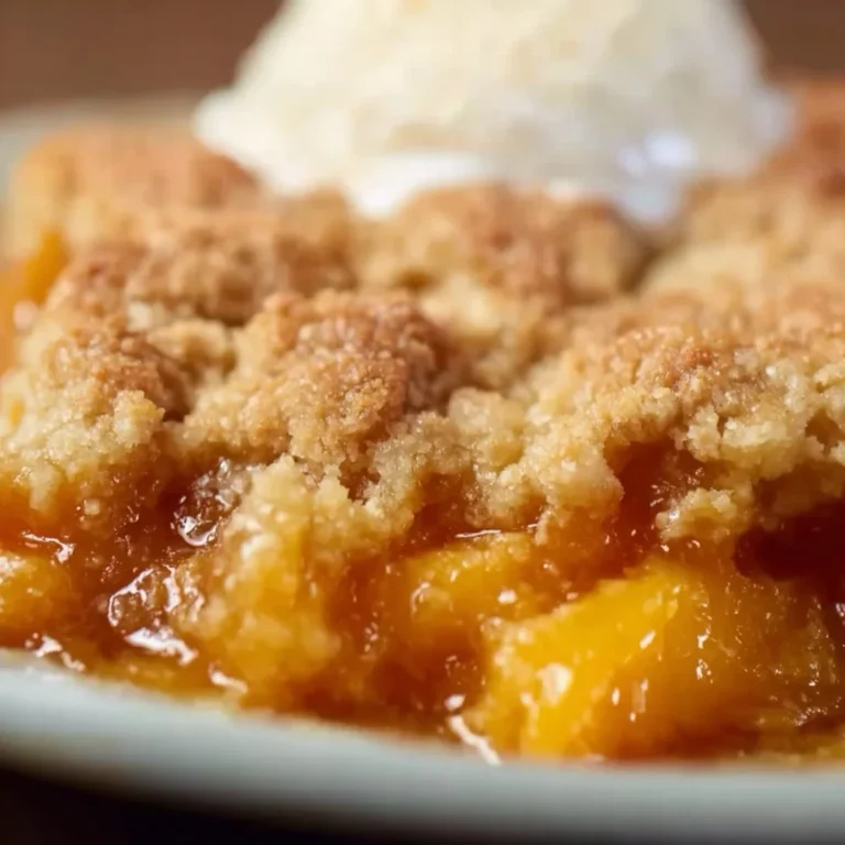 Homemade peach cobbler served in a rustic dish.