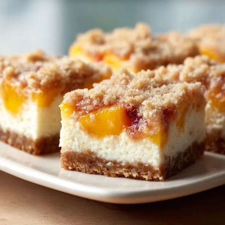 Peach Cobbler Cheesecake Bars topped with fresh peach slices and crumbly topping.