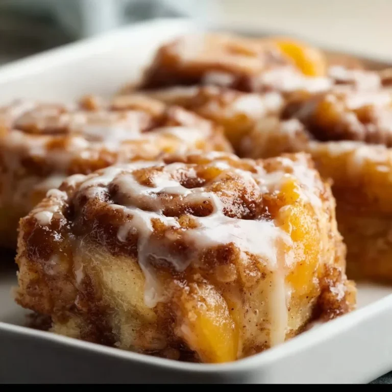 Peach cobbler cinnamon rolls drizzled with icing and topped with fresh peaches.