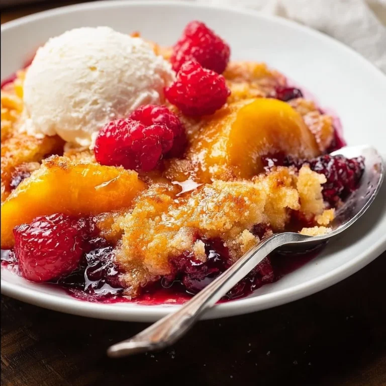 Delicious Peach Cobbler with Raspberries in a baking dish.