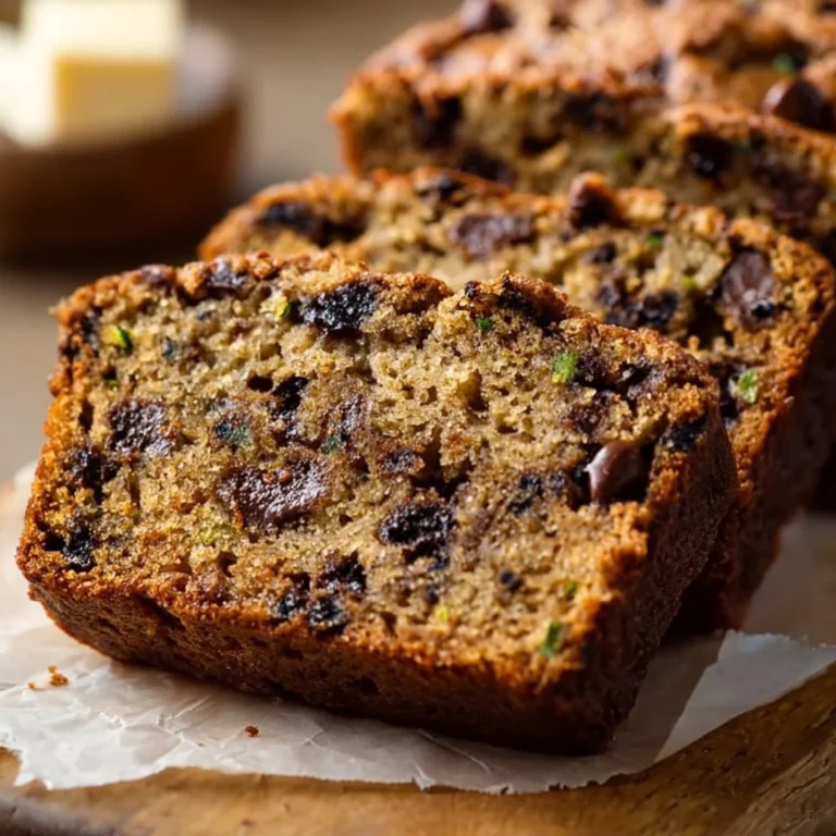 Slice of Peanut Butter Chocolate Chip Zucchini Bread on a wooden cutting board