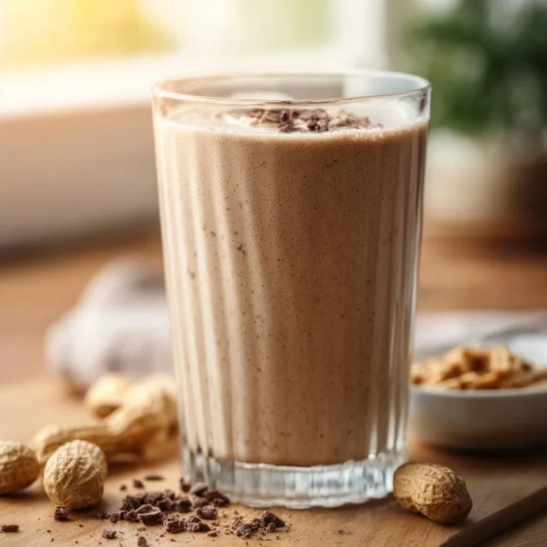 Delicious Peanut Butter Protein Shake in a glass with a straw