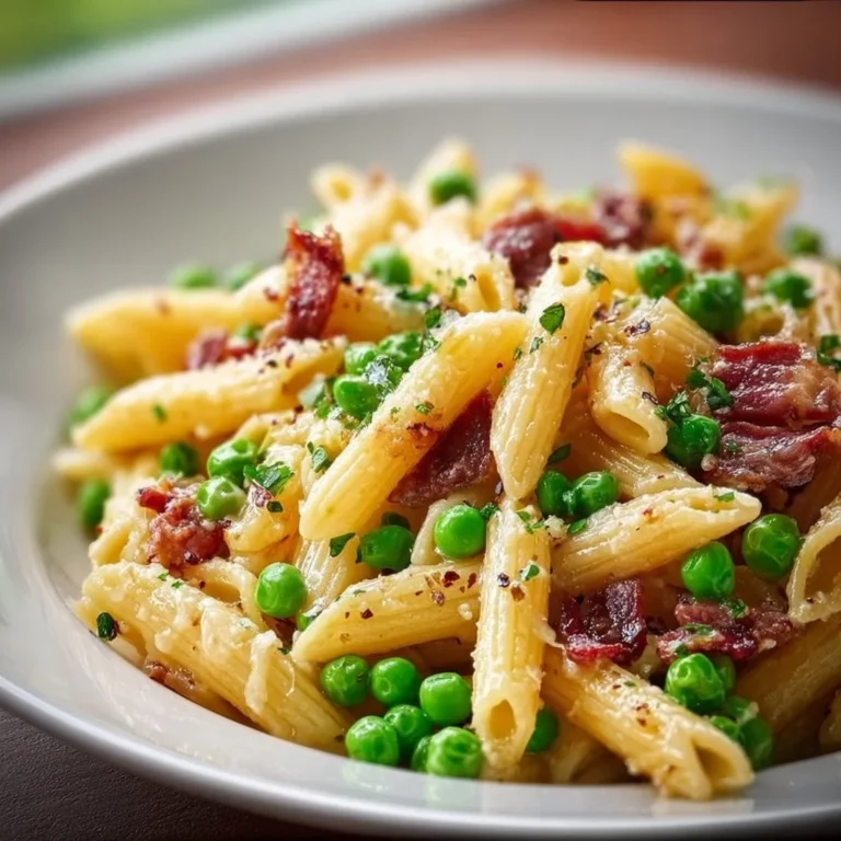 Penne Pasta with Peas and Beef Bacon served in a bowl garnished with herbs