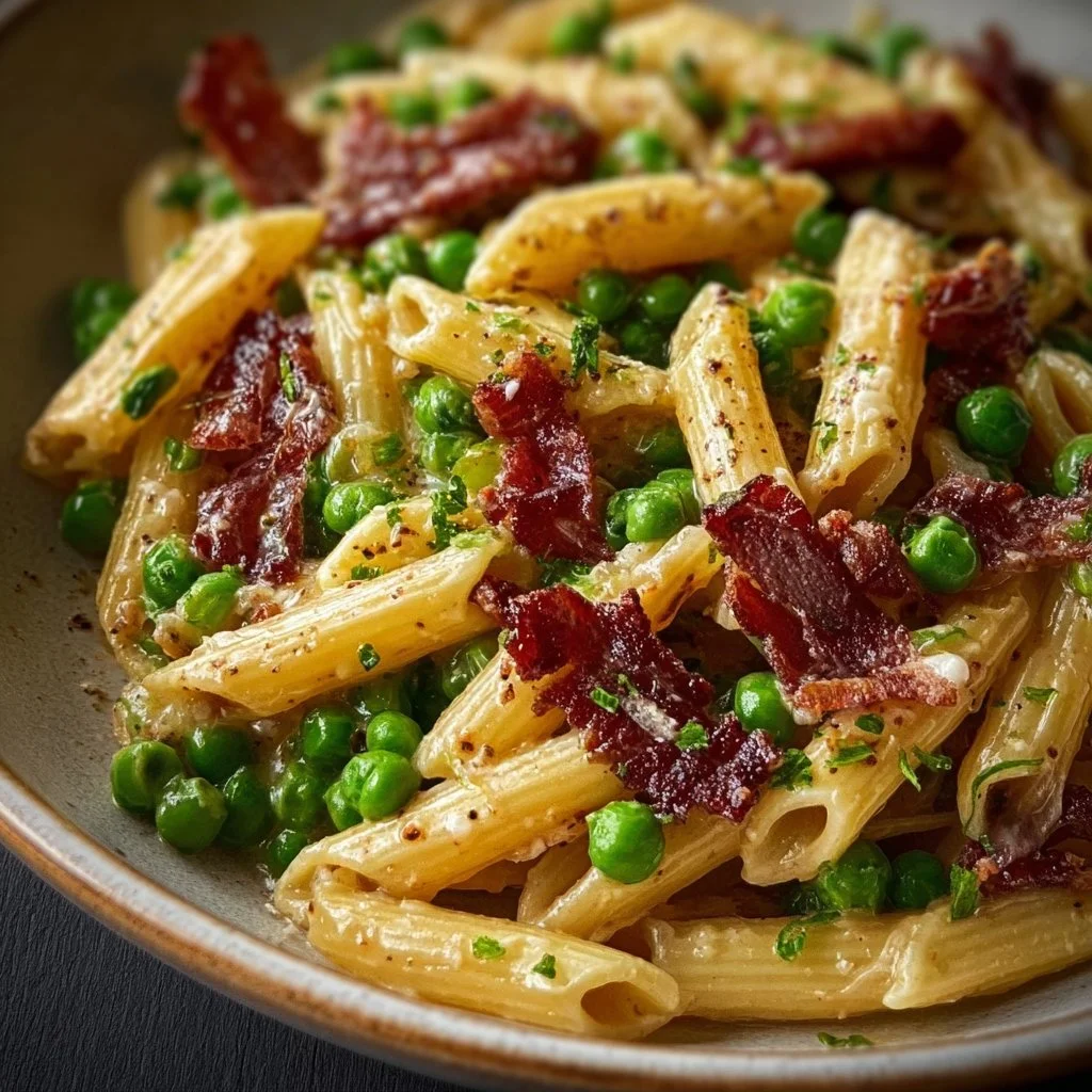 Penne Pasta with Peas and Beef Bacon