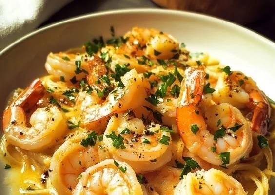 Plate of perfectly cooked shrimp scampi with pasta and herbs