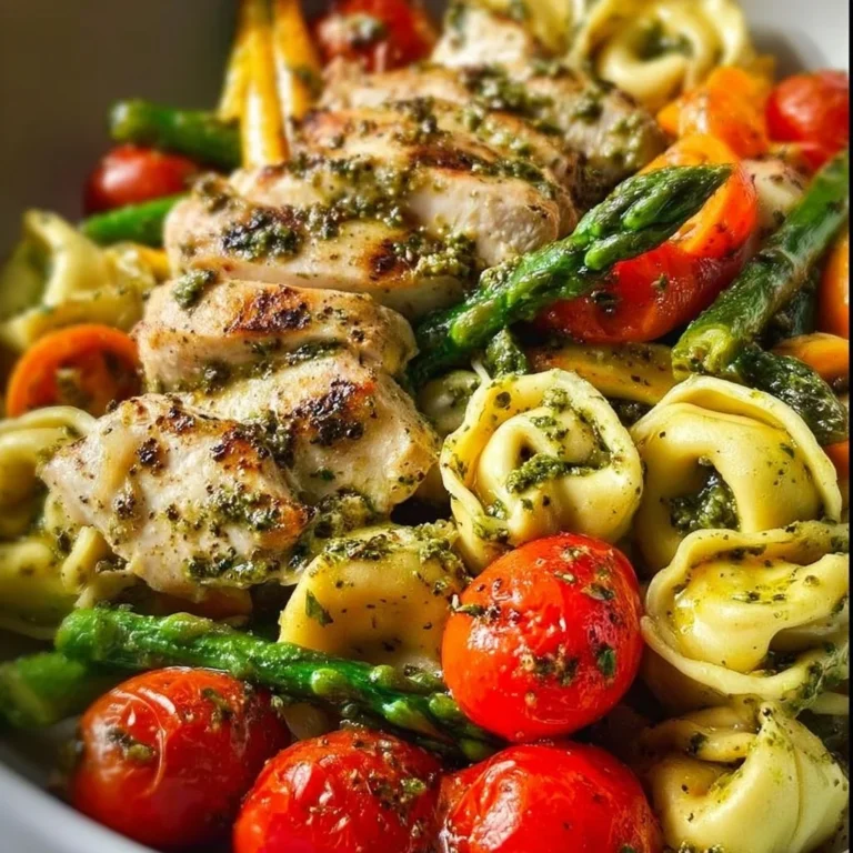 Pesto Chicken with Tortellini and mixed vegetables in a colorful dish