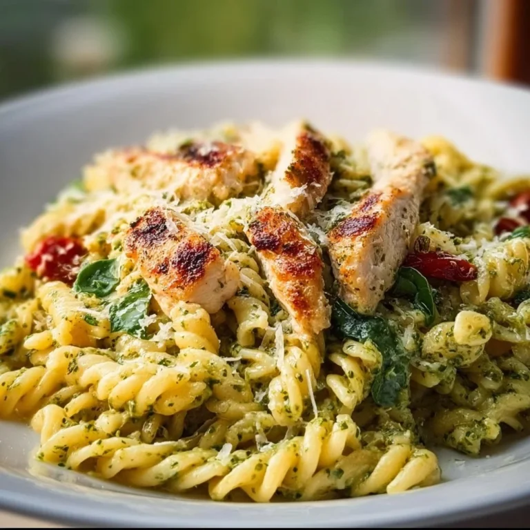 Pesto pasta with chicken garnished with fresh basil and parmesan cheese