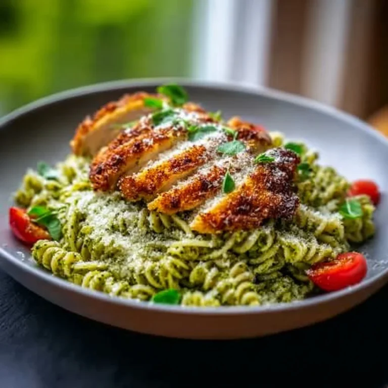 Pesto pasta served with crispy Parmesan chicken on a white plate