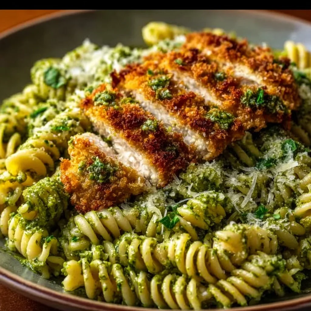 Pesto Pasta with Crispy Parmesan Chicken