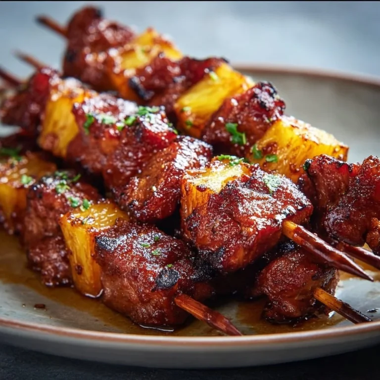 Grilled pineapple BBQ pork skewers on a platter