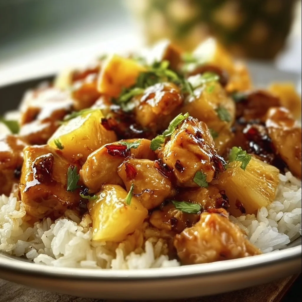 Pineapple Chicken and Rice dish served on a plate with colorful vegetables