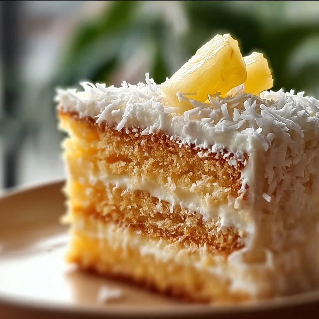 Delicious Pineapple Coconut Dream Cake adorned with tropical coconut flakes and pineapple slices.