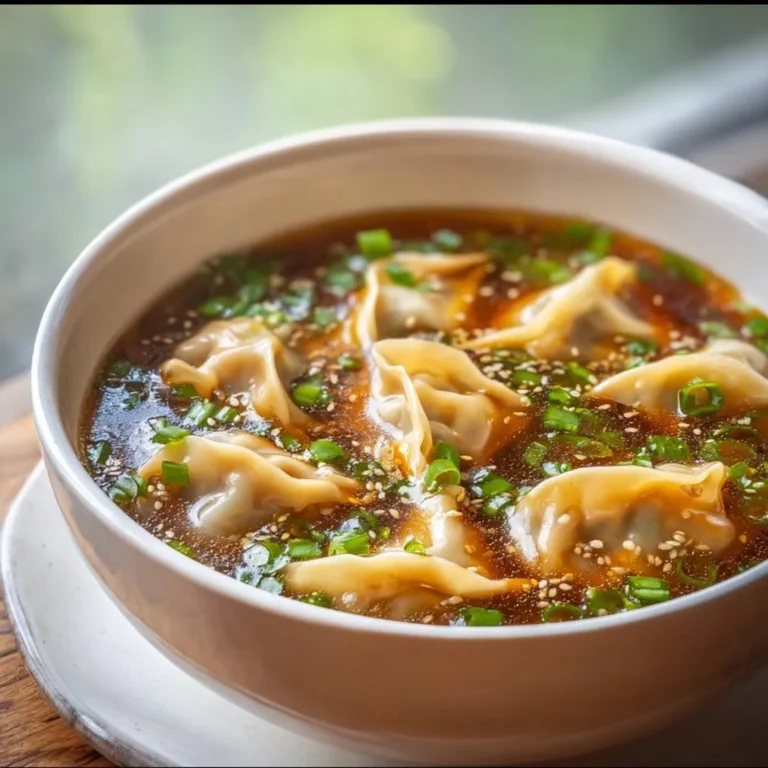 Bowl of homemade Potsticker Soup garnished with green onions